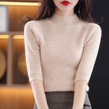 Fongt Summer Slim Head Five Minute Sleeve Bottom Top New Half High Collar Solid Color Simple Medium Sleeve Sweater Women-Outfit
