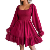 Spring And Summer Collar Horn Long-Sleeved Lotus Leaf Side Dress Burst Women's