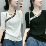 Letter Patchwork Knitted T-shirt Fashion V-Neck Female Clothing All-match Straight Summer Korean Asymmetrical Pullovers-Outfit