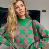 Oversize Women Sweater Pullover Half Collar Knitted Check Autumn Female Jumper Sweaters 2022 Geometric Long Sleeve