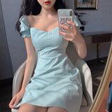 Summer Green Bodycon Dress Woman Sexy Square Collar Short Puff Sleeve A-line Mini Dresses