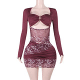 Purple Patchwork Long Sleeve Bodycon Mini Dress-Outfit