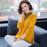 Patchwork Sweater Women Casual Loose Fake Two Piece Knit Tops Spring Fall Lapel Pullover Korean Mom Knitwear Jumper