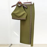 Fongt And Summer 2025 New Heavy Industry Nails Studded Neck Vest Top Open Fork Long Skirt Set Two Sets