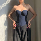 Chest Cup Imitation Denim Blouse 2023 Autumn New Spicy Girls Chest Girdle Waist Display Blouse-Outfit