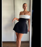 Fongt Spring And Summer Shoulder Black And White Bump Color Waist A Pendulum Design Bow Dress LX0114