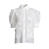 Fongt Temperament Elegant Wind Shirt 2024 Autumn New Nail Bead Three-Dimensional Flower Perspective Shirt Short-Sleeved Jacket Female-Outfit