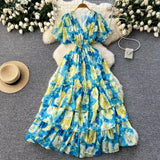 Fongt Vintage Gentle Windy Fragmented Flower Dress Summer New High Waist Thin Spinning Dress