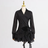 Fongt Temperament Dress Women 2025 Spring New Sweet Windwood Ear Splicing Design Long-Sleeved Short