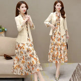 Floral Dress Suits Women Chiffon 2 Piece Sets Korean Unlined Blazer Outfits Tank Print Dresses Tracksuit Boho