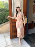 Fongt Xixi 2025 Summer New Korean Version Of High-Waisted Holiday With Dress V-Neck Print Pure Desire Skirt 88329
