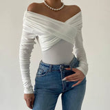 Fongt And Autumn New Women's Shoulder V Neck Pleated Long Sleeve Jacket Tight Temperament