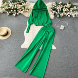 Fongt And Winter Solid Knitted Hooded Hooded Jersey Blouse High Waist-Hanging Feeling Trousers Casual Two Sets Of Women