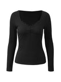 Lace Trim Black Long Sleeve Knit Top-Outfit