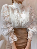 Sweet Hollow Out Lace Patchwork Women Blouse Button White Top Petal Sleeve Flower Stand Collar cotton Shirt Blusas