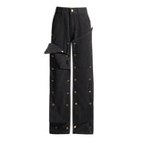 Vintage High Street Broad Leg Pants 2025 Summer New Personalized Design Stitching Button High-Waist Jeans