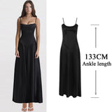 Spaghetti Strap Satin Maxi Prom Dresses Black Sexy Sequin Lace Up Celebrity Evening Party Dresses Elegant Women 2023-Outfit