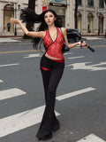 Red Lace Sheer Halter Crop Top And Flare Pants Set-Outfit