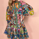 Fongt Women's Wear 2024 New Print Round Collar Waist Belt Fold Flounce Vintage Winter