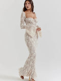 Lace Square Neck Long Flare Sleeve Maxi Dress-Outfit