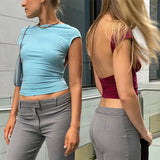 Fongt Out Back Top Tight Short Sleeve Navel Half High Collar Solid Color 2024 Summer Hot Girl Sexy Female T-Shirt-Outfit