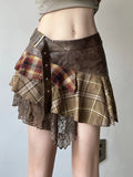Fongt Cloth Forgets The Stray Girl Wasteland Wind Wearing A Check-And-Dress Splicing Skirt Retro V-Shaped Waist Lace Skirt