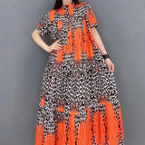 Stylish Leopard Spliced Long Dress Summer A-Line Waist Loose Female Clothing Half High Collar Button Commute Dresses New-Outfit