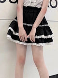 Black Lace Trim Ruffles Mini Skirt-Outfit