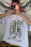 t-shirt female goth Top y2k Harajuku tops retro print skull bone Loose t-shirts with short sleeve anime graphic