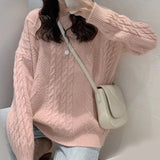 Fongt Thick Twist Pure Color Loose Sweater Female Autumn Dong New Round Collar Lazy Wind Sweater Jacket-Outfit