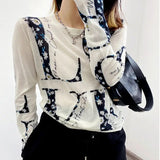 Natural Scenery Printed T-shirt Fashion Letter Animal Contrasting Colors Round Neck Spring Autumn Spliced Slim Pullovers-Outfit