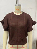 Fongt New Twisted Rope Flounce Short Sleeve Round Collar Knit Sweater Women Top-Outfit