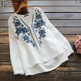 Spring Long Sleeve Ruffles Tops Women Vintage Embroidery Blouse Casual O Neck Cotton Linen Blusas Femininas Shirt