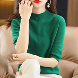 Fongt And Summer Loose And Versatile Wool Knit Short Sleeve Women Plus-Size Round-Neck Solid Color Bottom Knit T-Shirt Thin-Outfit