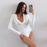White V-Neck Draped Long Sleeve Bodysuit-Outfit