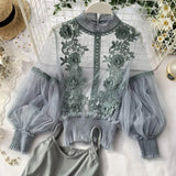 Sheer Lace Lantern Sleeve 3D Floral Elegant