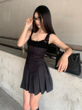 Black Pleated Strap Mini Dress-Outfit