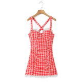 Red Plaid Plaid Dot Ruched Mini Dress-Outfit
