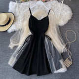 Fongt Summer Bubble Sleeve V Collar Low-Thight Splicing Mesh Nail Beads A-Sleeve Short Sleeves Thin Middle And Long-Term Joint