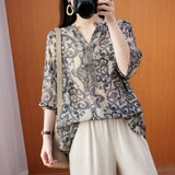 Vintage Printing V-neck Loose Women's Clothing 2023 New Chic Korean New Style Simple Diamonds Half Sleeve Blouses