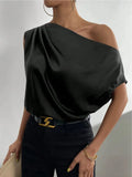 2024 Pure Satin Imitation Silk Irregular Sloping Shoulder Collar Sleeveless Shirt Women's Dress-Outfit