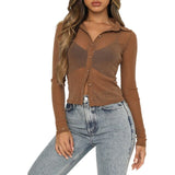 Color Turn-Down Collar Long Sleeve Tops See-Through