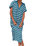 Fongt Summer Dress Women's V-Neck Stripe Low Slit Lapel Long Sweater Even-Outfit