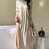 New 2021 Autumn Winter Women Dresses Knitted Vintage Elegant Split Straight Korean Solid Lady Long Dresses