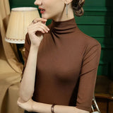 High Stretch Mesh T-Shirts Tees Female Half Sleeve Turtleneck Tshirt Women Autumn Top Simple Undershirts-Outfit
