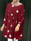 ZANZEA Women Polka Dots Printed Muslim Blouse Lace-Up Puff Sleeve Islamic Clothing Elagant Casual Dubai Marocain Turkish Tops 1028-0-Outfit
