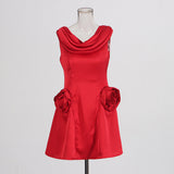 French Elegant Windy High-Waist Three-Dimensional Flower Dress 2025 New Sleeveless Design Solid Color Retro