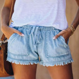 Tighten The Waist Tassel Denim Shorts Woman-Outfit