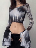 Cropped Flare Cuffs Mesh Blouse-Outfit