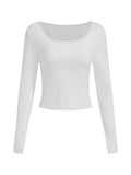 Women Lace Patchwork Ribbed Slim T-shirts Cropped Tops Solid Color Round Neck Long Sleeve Base Tees Shirts Streetwear-Outfit